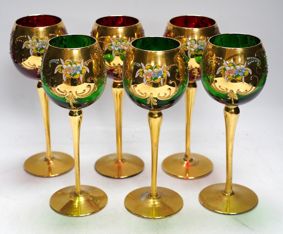 A set of six Venetian gilt and enamelled wine glasses, 21cm. Condition - good